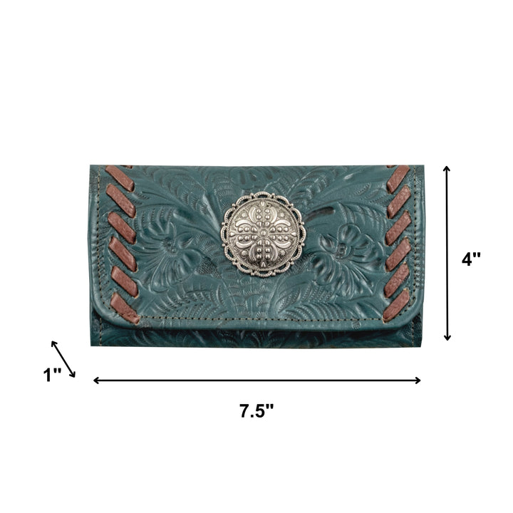 Lariats and Lace tri-fold wallet in dark turquoise with hand tooled leather, concho and tassel accents with dimensions