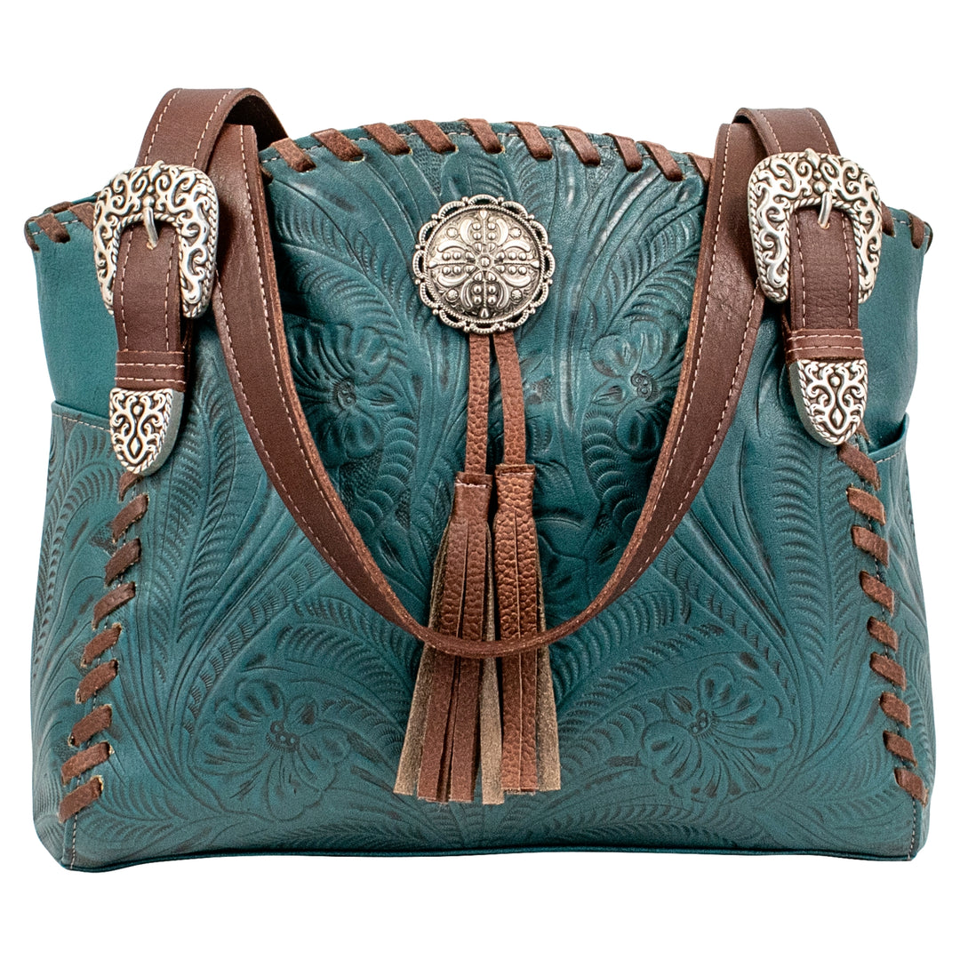 Lariats and Lace multi-compartment conceal carry tote in dark turquoise with hand tooled leather, concho and tassel accents