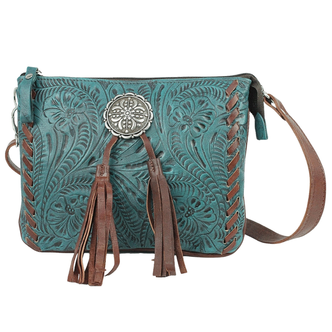 Lariats and Lace multi-compartment Crossbody in dark turquoise with hand tooled leather, concho and tassel accents