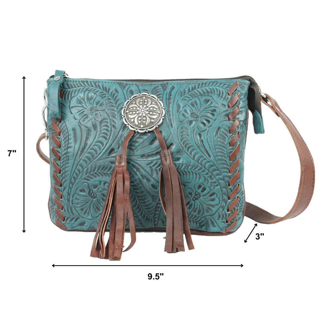 Lariats and Lace multi-compartment Crossbody in dark turquoise with hand tooled leather, concho and tassel accents with dimensions