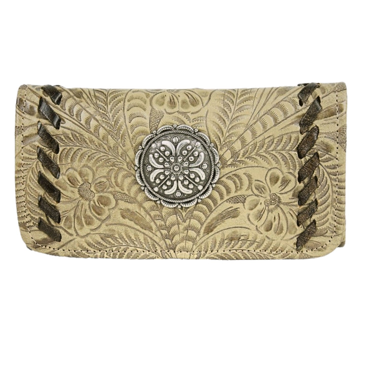 Lariats and Lace tri-fold wallet in sand with hand tooled leather accents