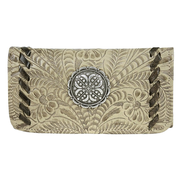 Lariats and Lace tri-fold wallet in dark sand with hand tooled leather accents