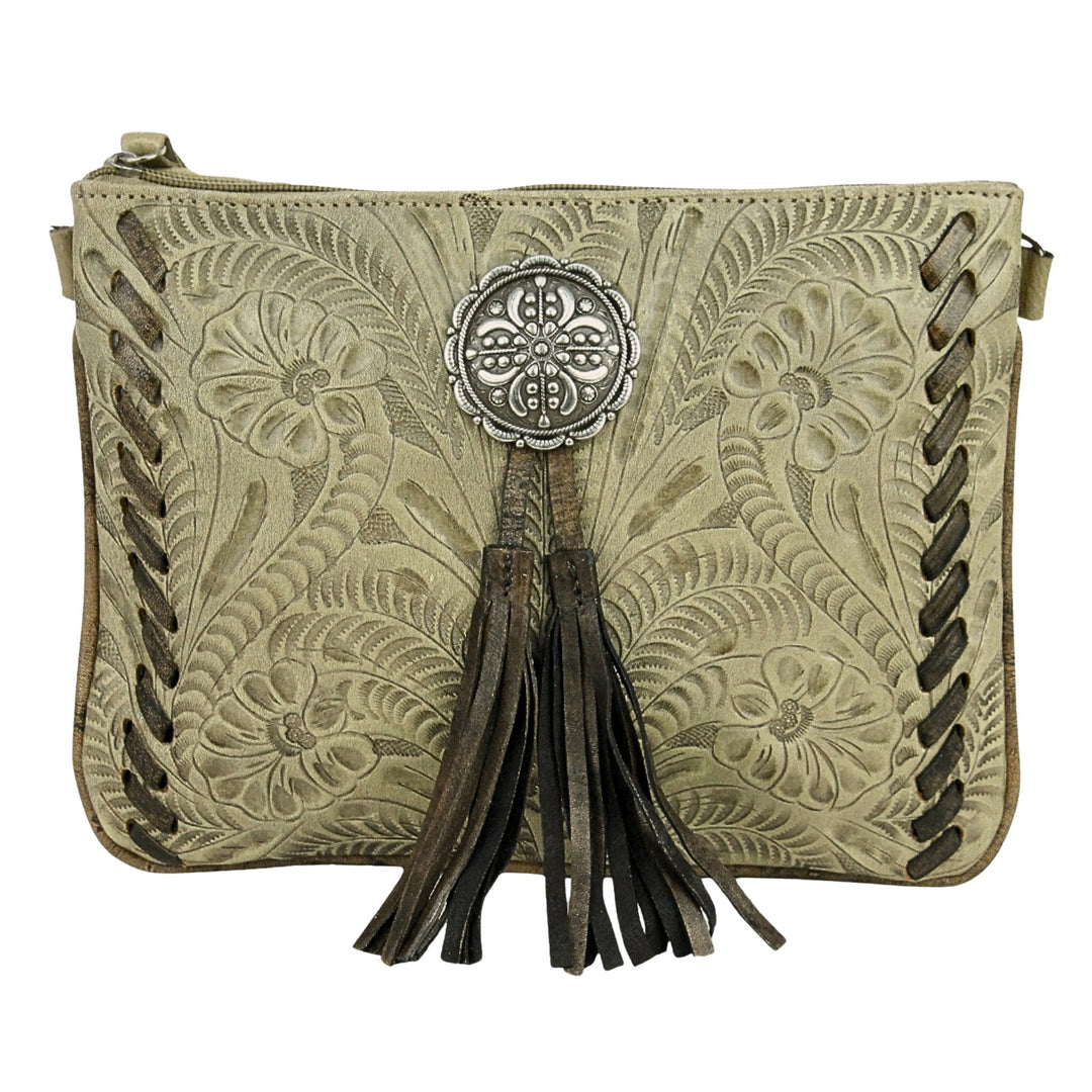 Lariats and Lace multi-compartment Crossbody in sand with hand tooled leather, concho and tassel accents