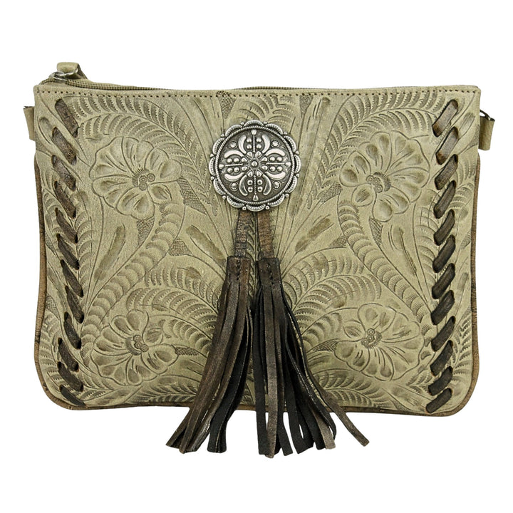 Lariats and Lace multi-compartment Crossbody in sand with hand tooled leather, concho and tassel accents