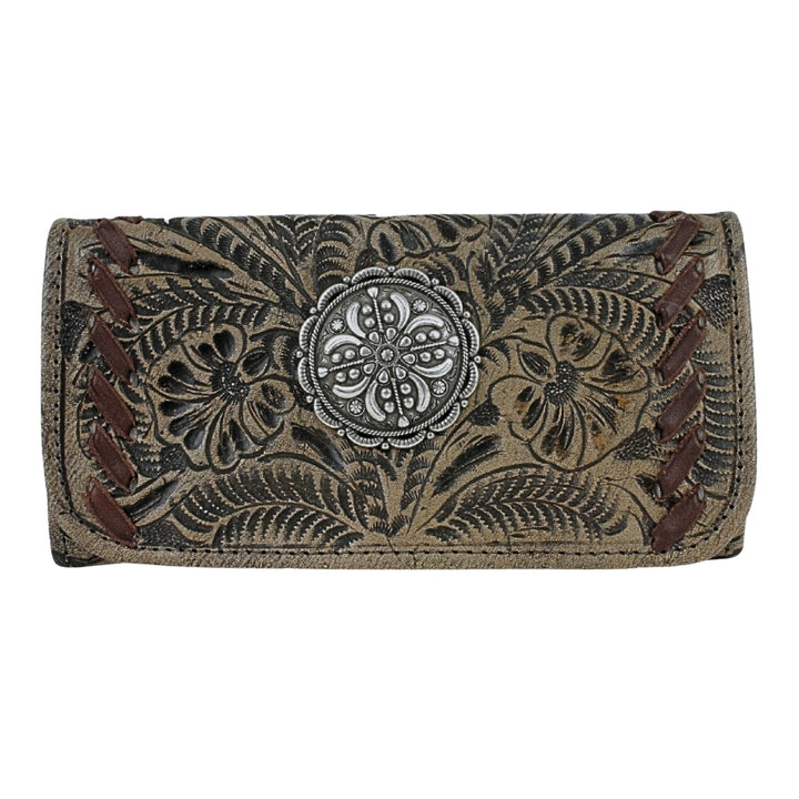Lariats and Lace tri-fold wallet in dark distressed charcoal brown with hand tooled leather accents