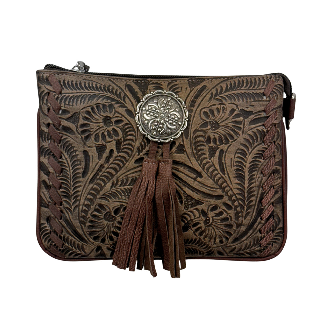Lariats and Lace multi-compartment Crossbody in distressed charcoal brown with hand tooled leather, concho and tassel accents