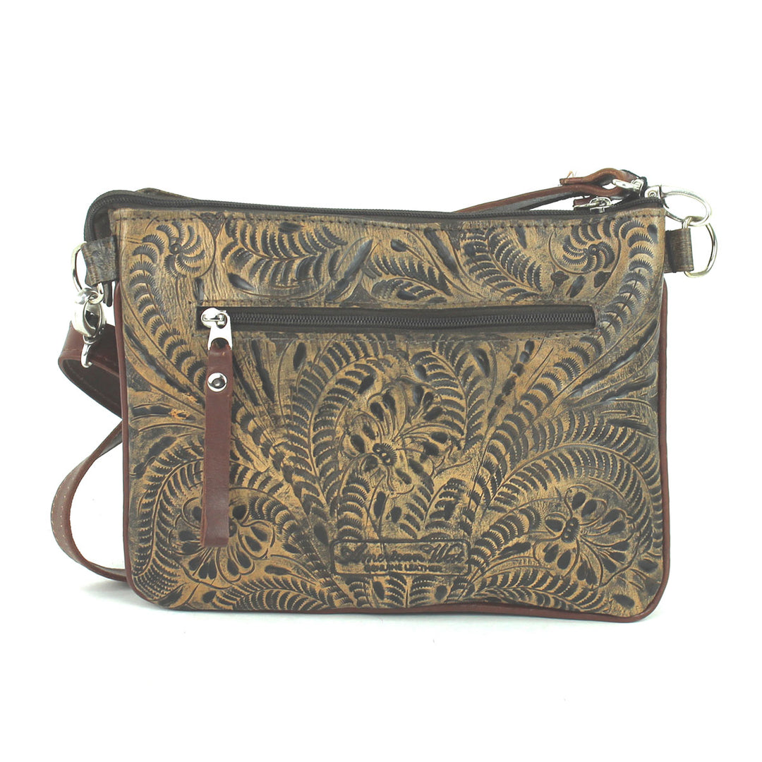 Back view of Lariats and Lace multi-compartment Crossbody in distressed charcoal brown with hand tooled leather, concho and tassle accents