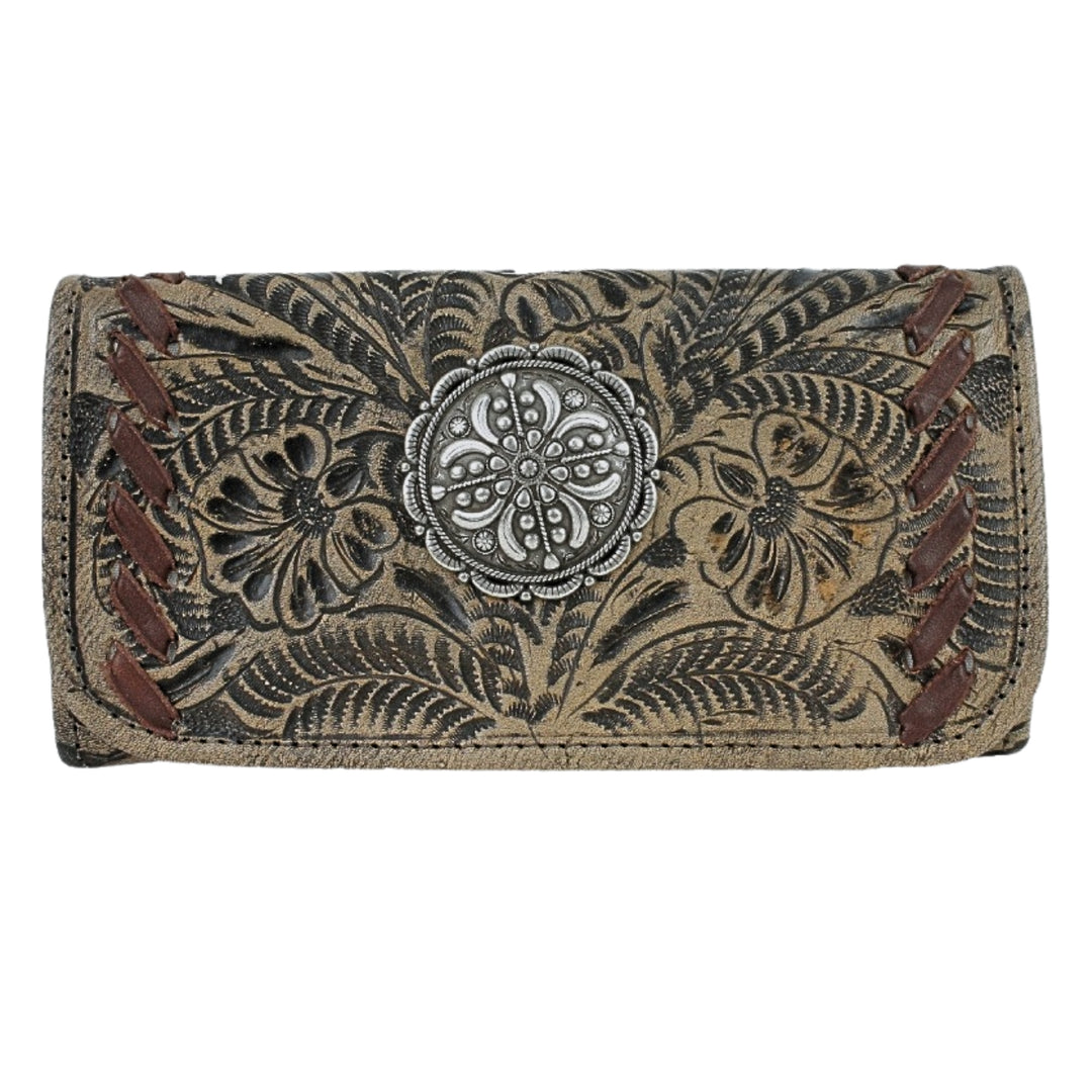Lariats and Lace tri-fold wallet in distressed charcoal brown with hand tooled leather accents
