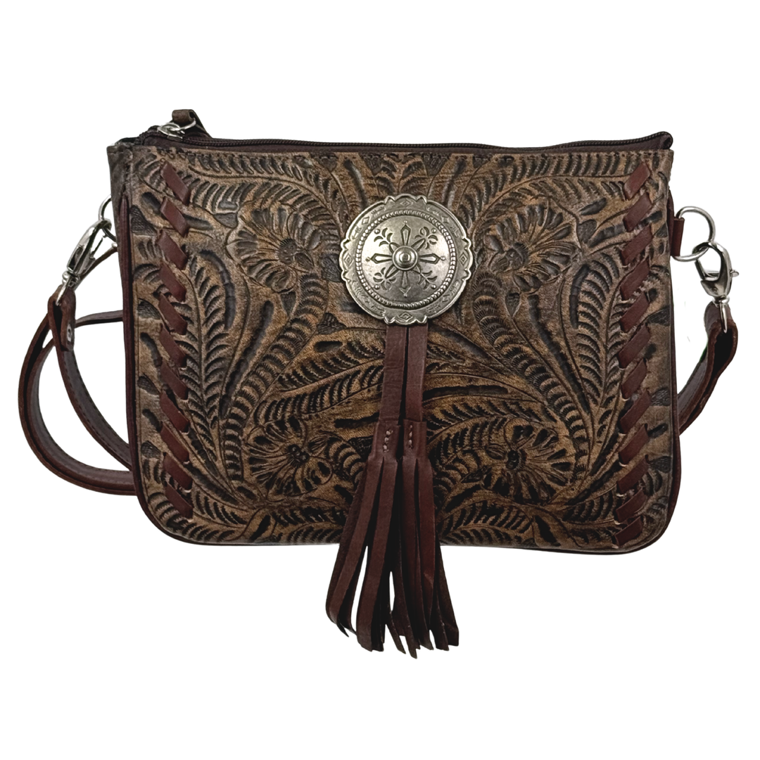 Lariats and Lace multi-compartment Crossbody in distressed charcoal brown with hand tooled leather, concho and tassle accents