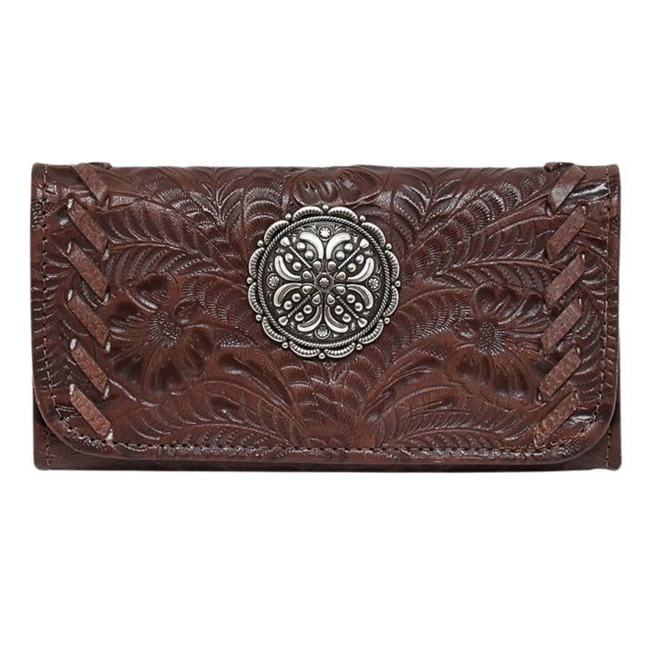 Lariats and Lace tri-fold wallet in dark brown with hand tooled leather accents
