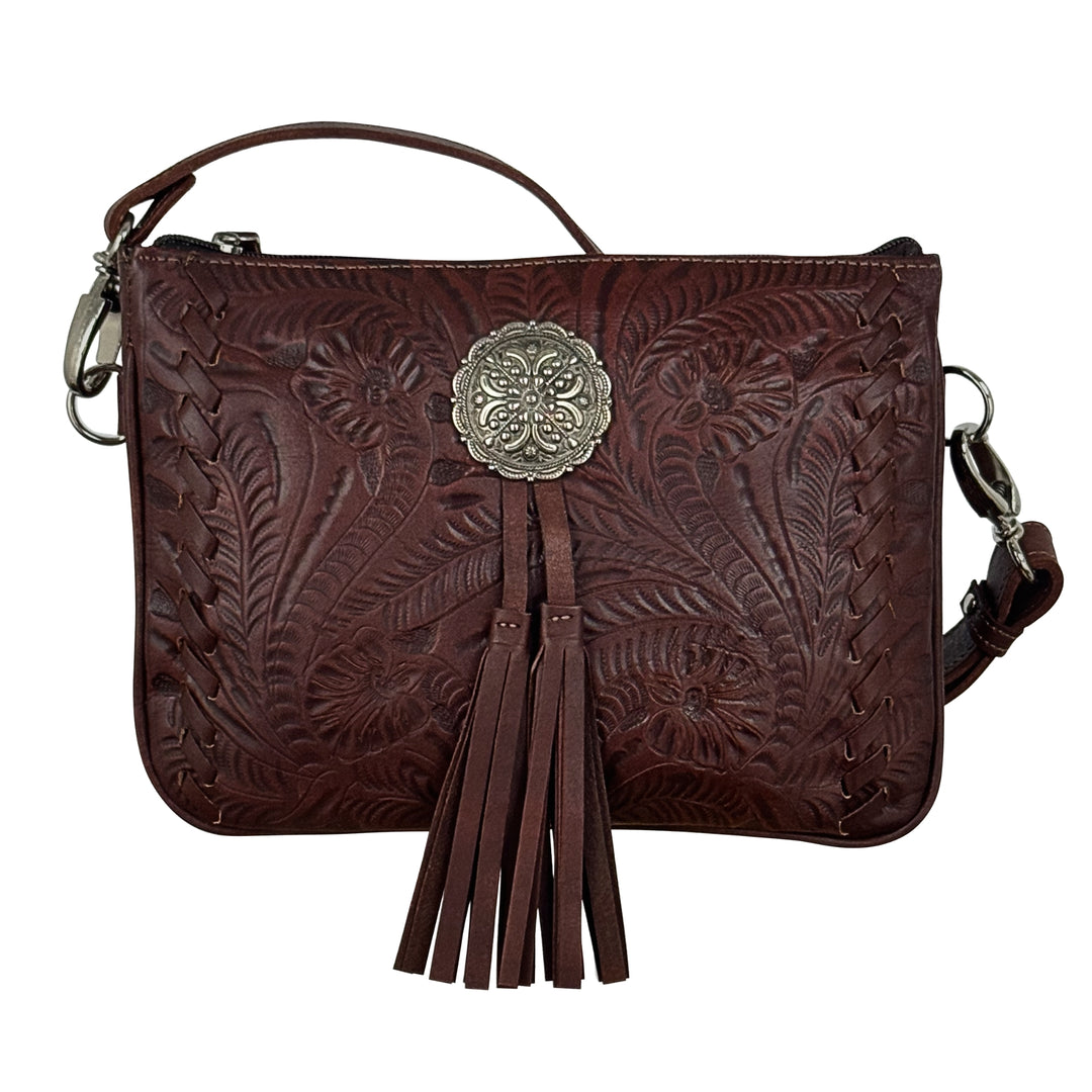 Lariats and Lace multi-compartment Crossbody in brown with hand tooled leather, concho and tassel accents