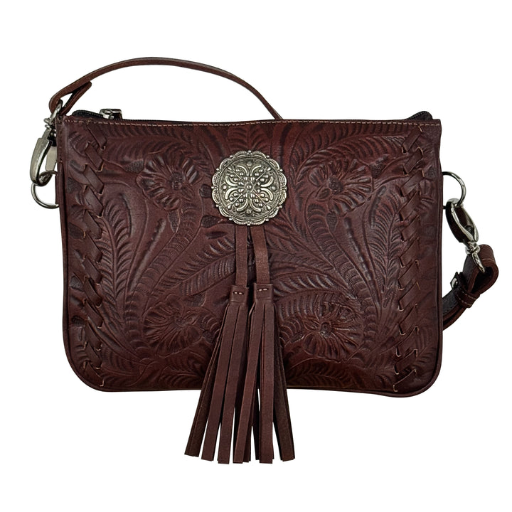 Lariats and Lace multi-compartment Crossbody in brown with hand tooled leather, concho and tassel accents