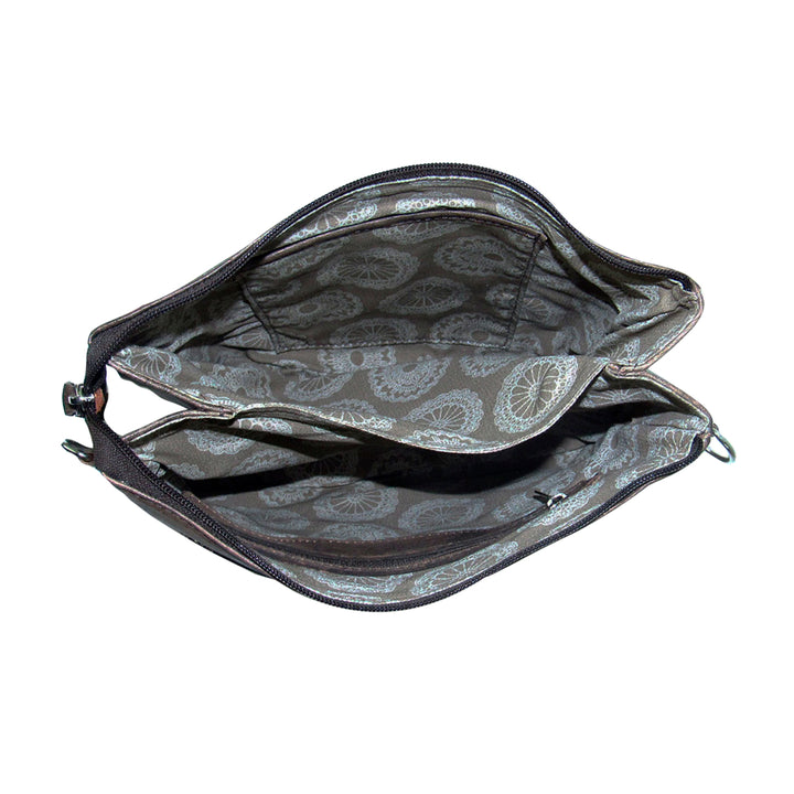 Inside view of multi compartment crossbody bag with two divided sections