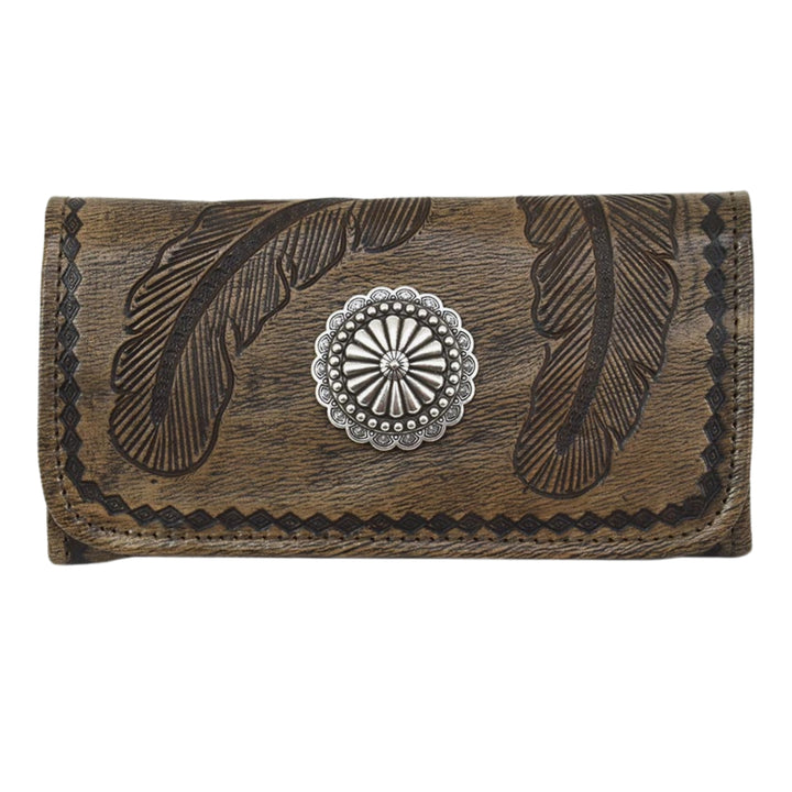 Sacred Bird tri-fold wallet in distressed charcoal brown leather with hand tooled feathers