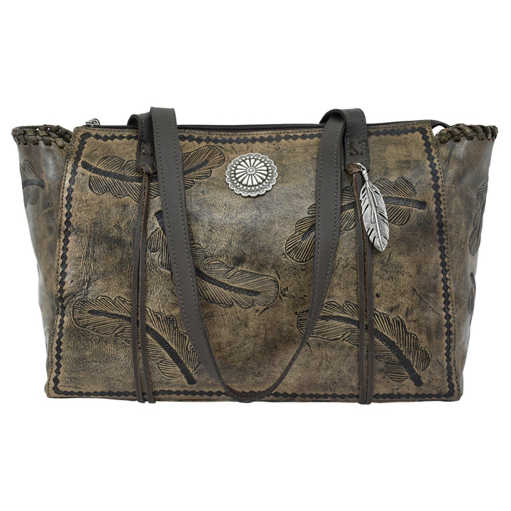 Sacred Bird conceal carry tote in distressed charcoal brown leather with hand tooled feathers