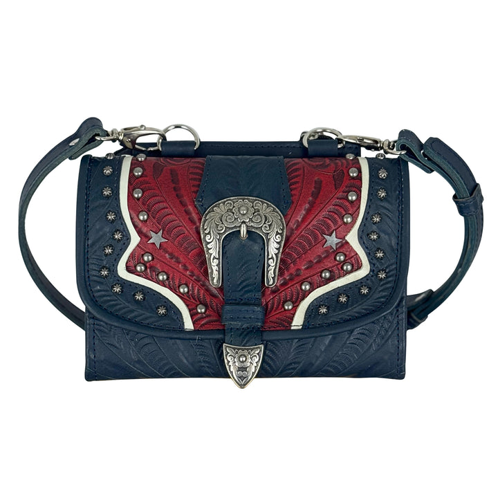 Stars and Stripes Texas Two Step Crossbody Bag/Wallet - Hand Tooled Genuine Leather