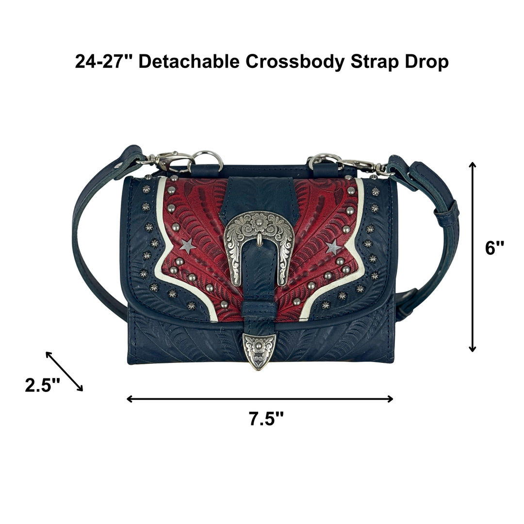 Stars and Stripes Texas Two Step Crossbody Bag/Wallet - Hand Tooled Genuine Leather