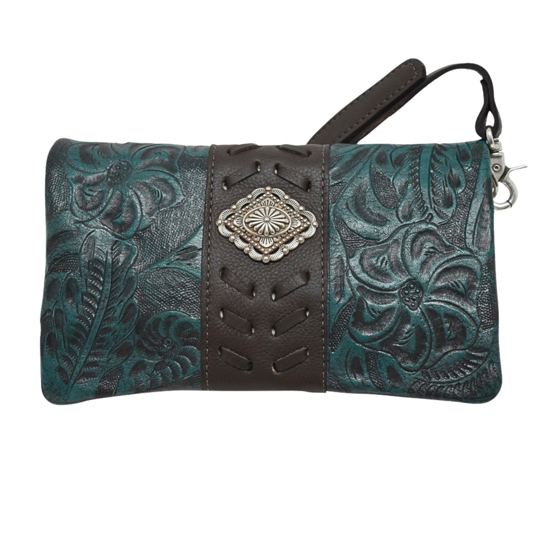 Grab and Go crossbody foldover wallet/crossbody in dark turquoise with hand tooled leather accents and concho