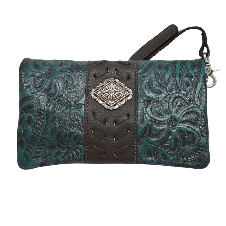 Grab and Go crossbody foldover wallet/crossbody in dark turquoise with hand tooled leather accents and concho