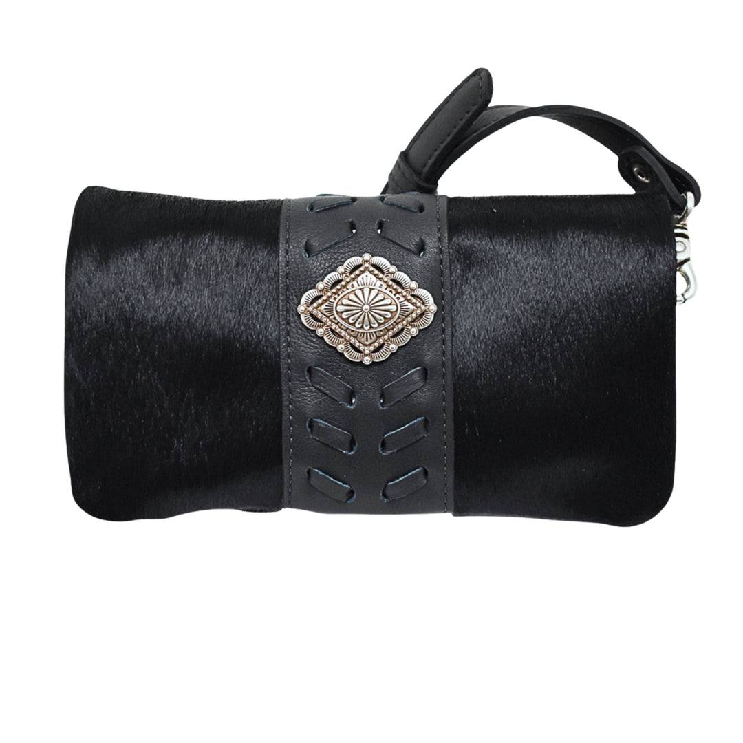 Grab and Go crossbody foldover wallet/crossbody in black hair-on with hair-on hide leather accents and concho