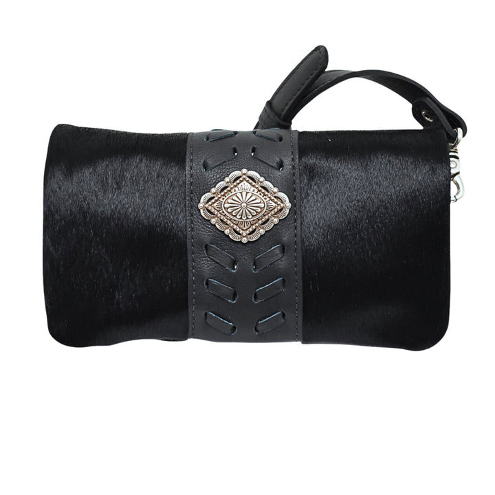 Grab and Go crossbody foldover wallet/crossbody in black hair-on with hair-on hide leather accents and concho