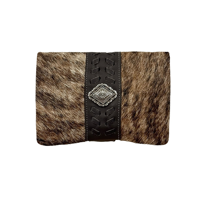 Grab and Go crossbody foldover wallet/crossbody in brindle hair-on with hand tooled leather accents and concho