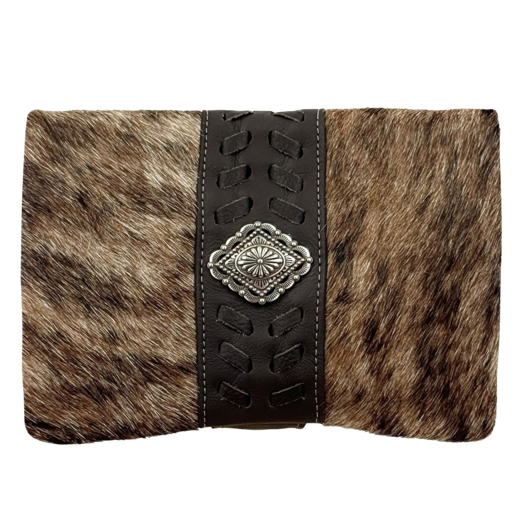 Grab and Go crossbody foldover wallet/crossbody in brindle hair-on with hand tooled leather accents and concho