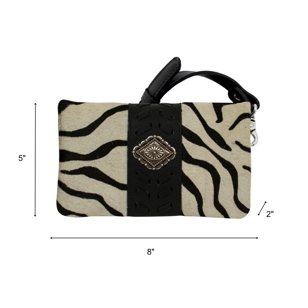 Grab and Go crossbody foldover wallet/crossbody in zebra hair-on with hair-on hide leather accents with dimensions
