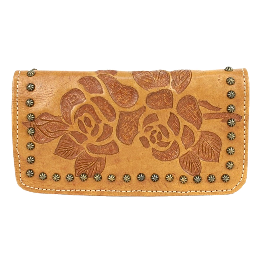Texas Rose tri-fold wallet in natural tan with hand tooled leather accents