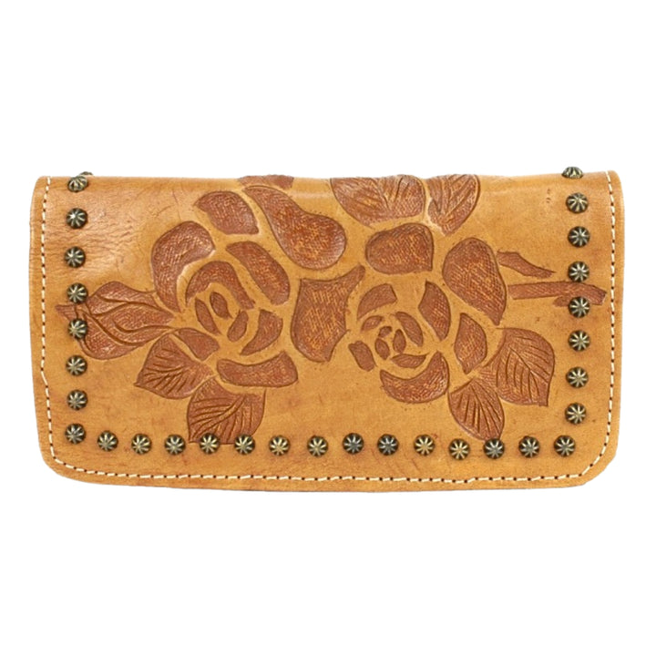 Texas Rose tri-fold wallet in natural tan with hand tooled leather accents