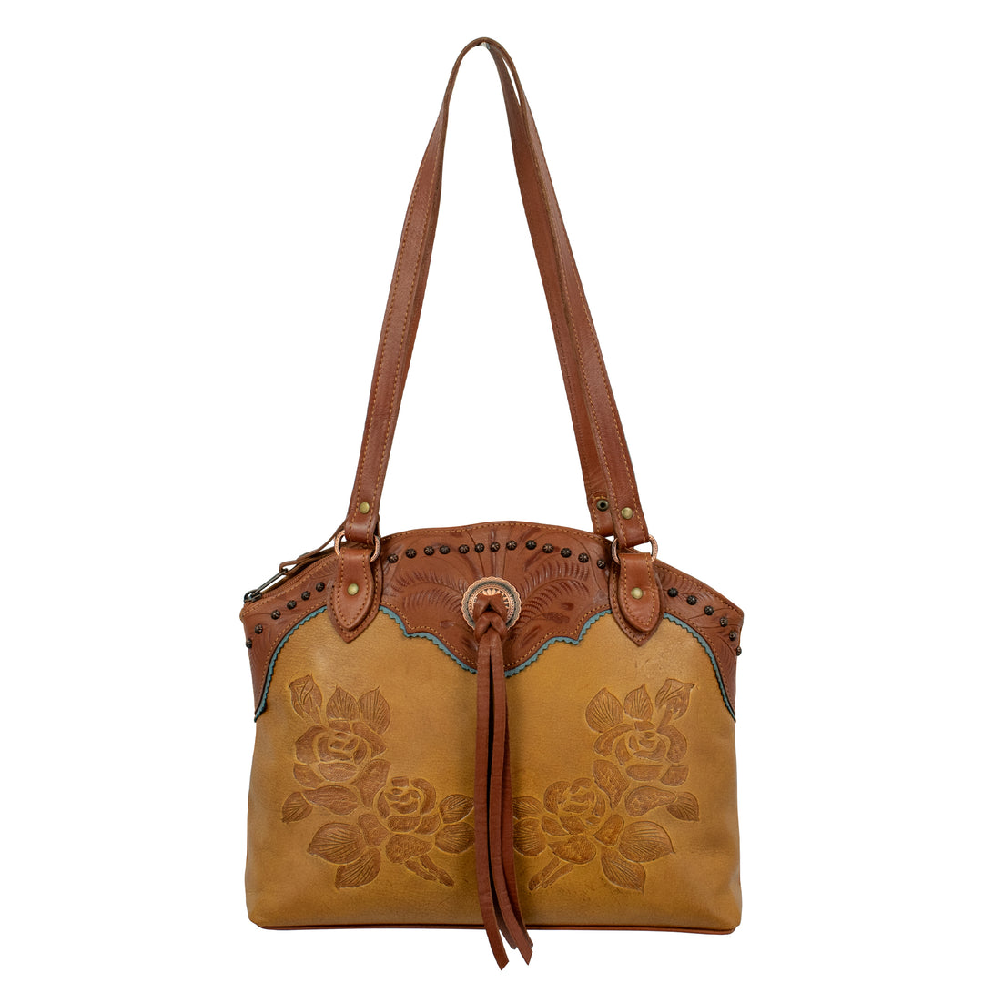 Texas Rose tote in natural tan with hand tooled leather accents and bolo concho with tassel with straps up