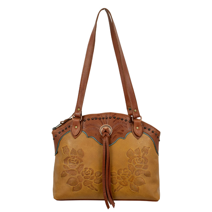 Texas Rose tote in natural tan with hand tooled leather accents and bolo concho with tassel with straps up