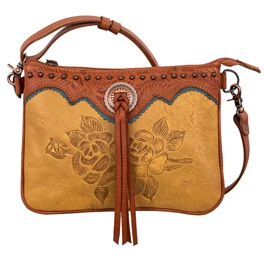 Texas Rose multi-compartment crossbody in natural tan with hand tooled leather accents and bolo concho with tassel