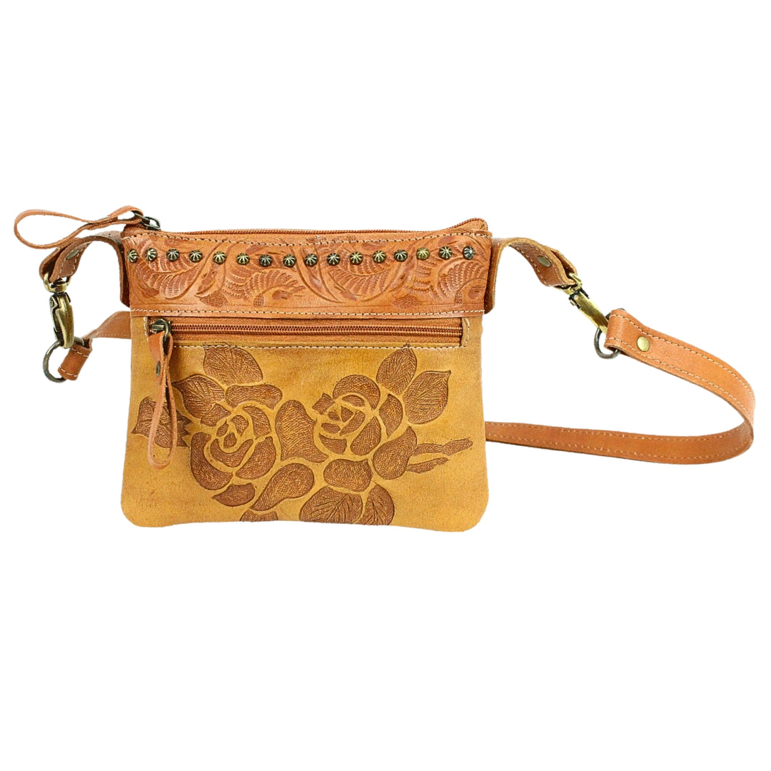 Texas Rose crossbody/hip bag in natural tan with hand tooled leather accents