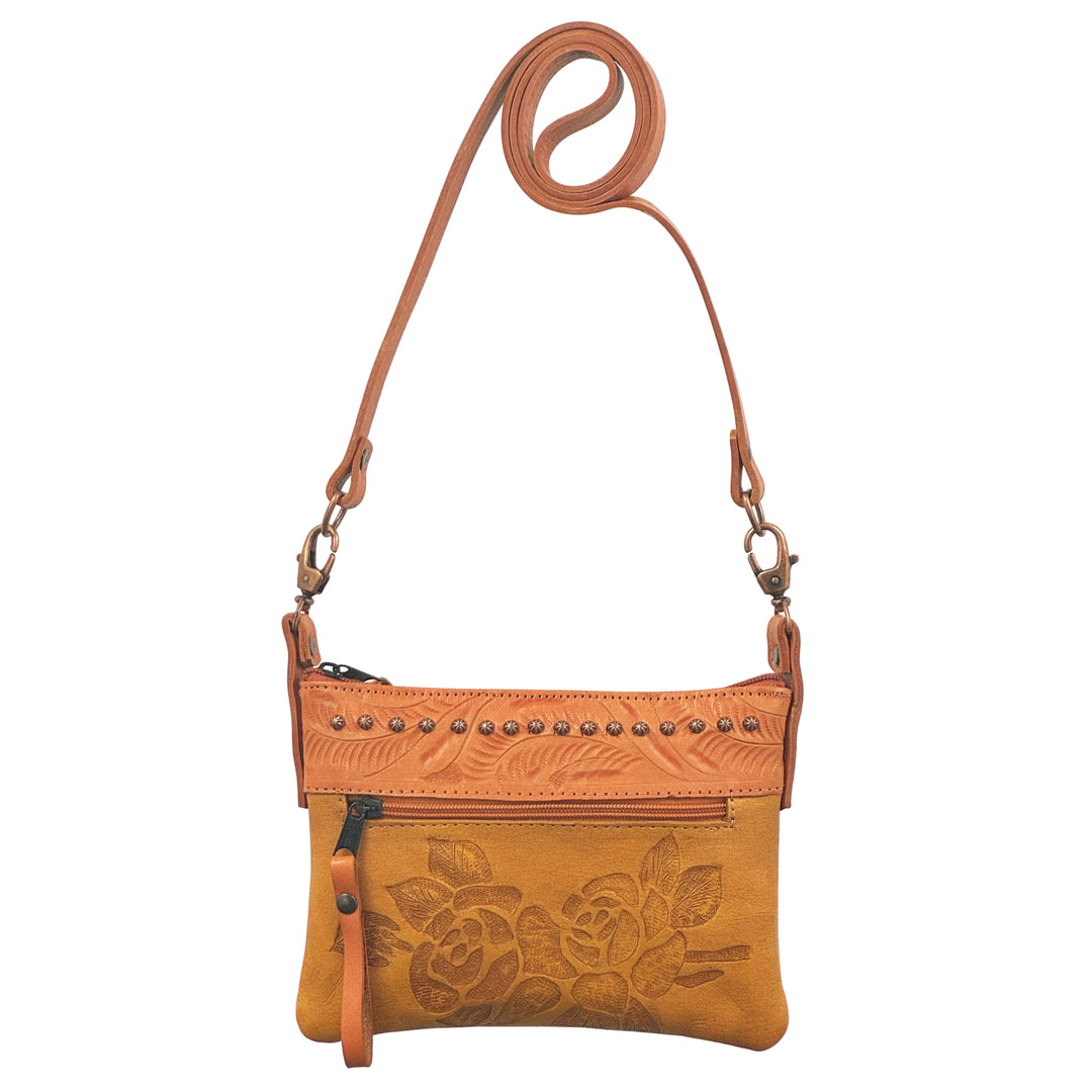 Texas Rose crossbody/hip bag in natural tan with hand tooled leather accents