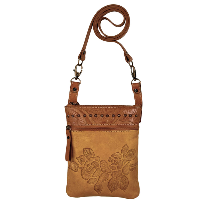 Texas Rose Trail Rider Tall Crossbody – Hand Tooled Genuine Leather