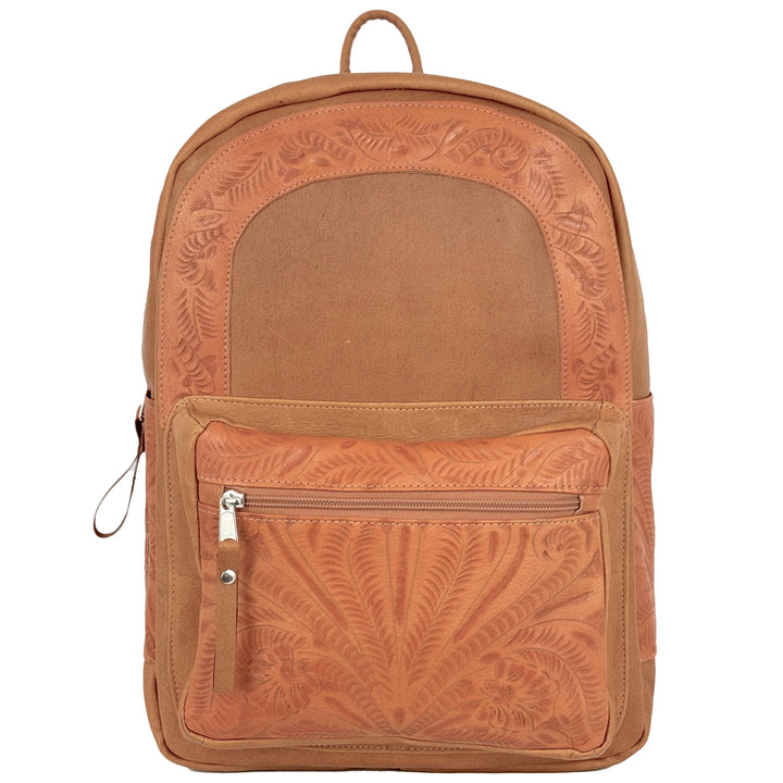 Classic Travel backpack in natural tan with hand tooled leather accents