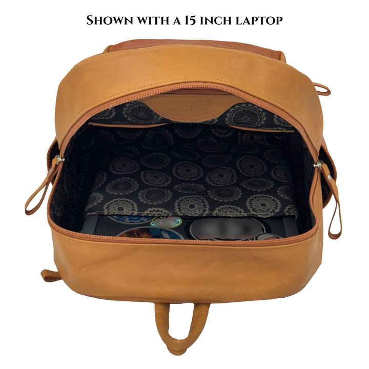 Inside view of Classic Travel backpack in natural tan