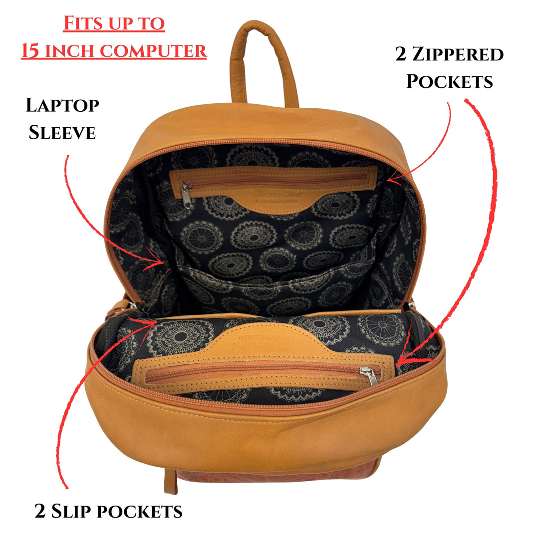 Inside view of Classic Travel backpack in natural tan showing all pockets and dividers