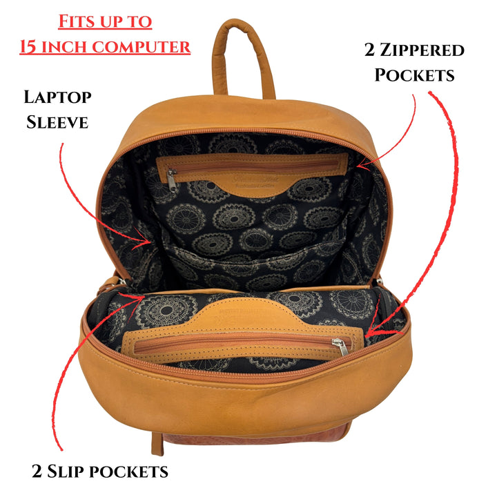 Inside view of Classic Travel backpack in natural tan showing all pockets and dividers