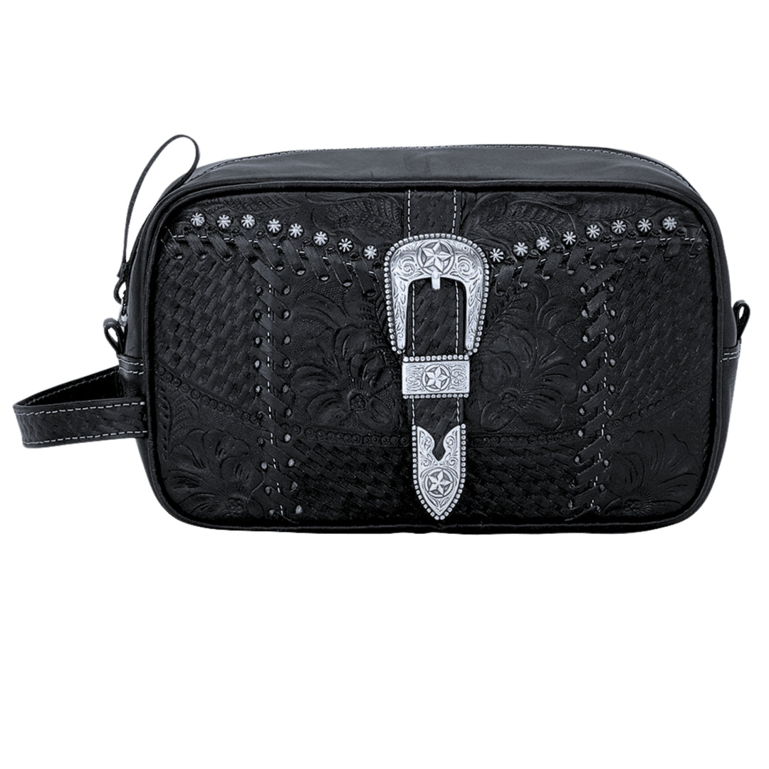 Classic Travel dopp/shaving kit in black with hand tooled leather and buckle set accents