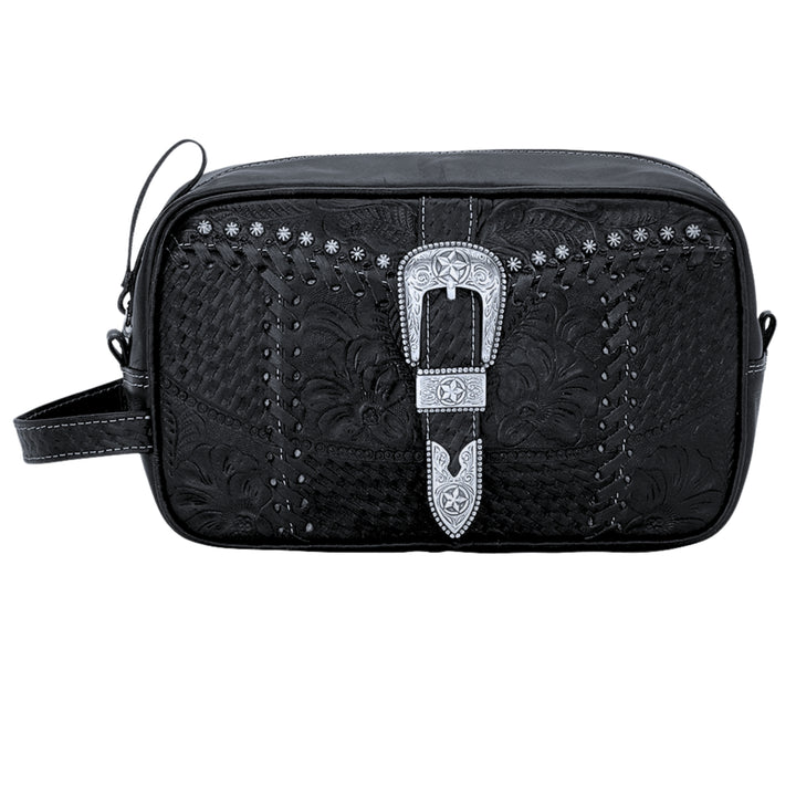 Classic Travel dopp/shaving kit in black with hand tooled leather and buckle set accents