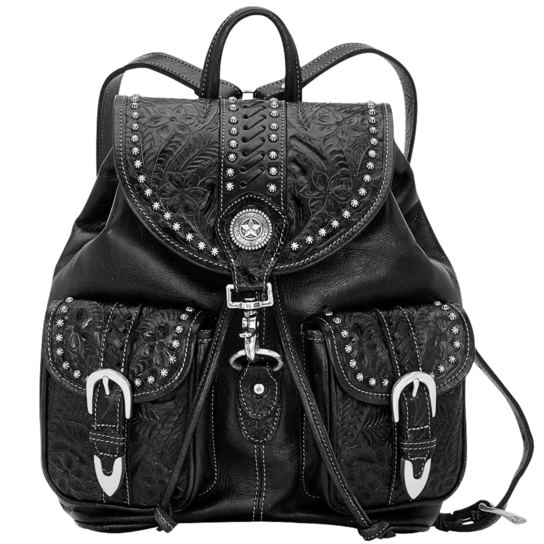 american west leather backpack Darling Hand Tooled Floral Carved Genuine and american west signature 100% cotton lining with 1 interior zipper pocket Retro Romance Backpack - Black