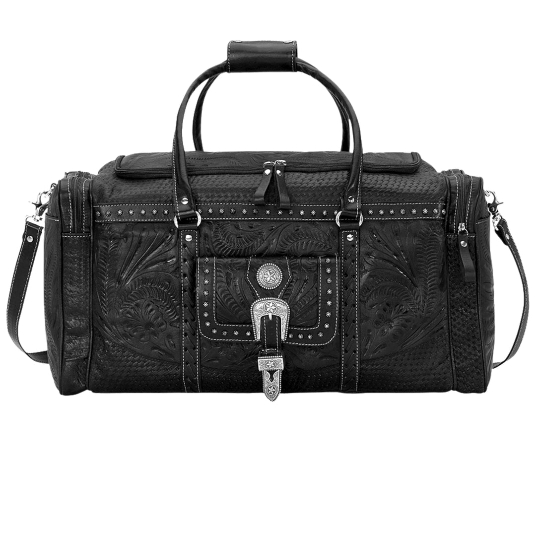 Classic Travel duffel bag with front pouch and side zipper pockets in black with hand tooled leather and buckle set accents
