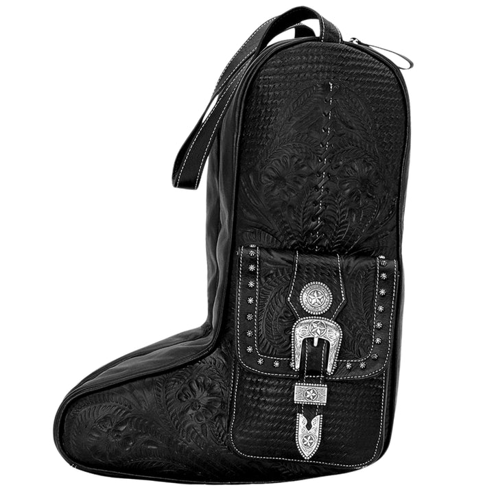 Classic Travel boot bag in black with hand tooled leather and buckle set accents