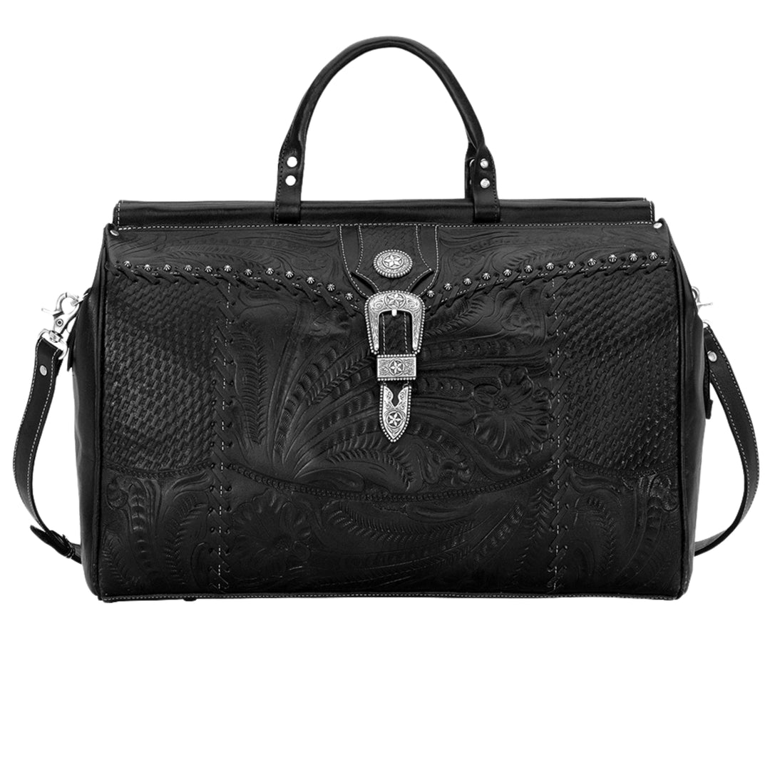 Classic Travel duffel bag in black with hand tooled leather and buckle set accents