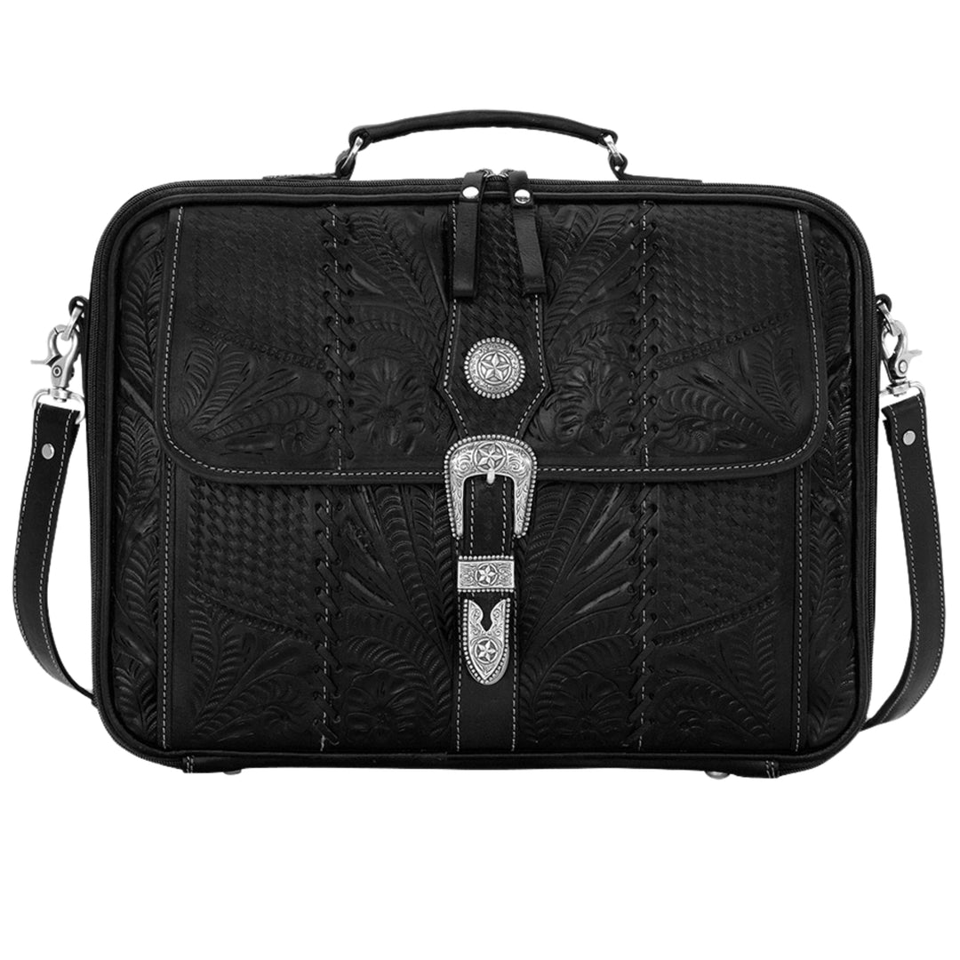Classic Travel laptop briefcase in black with hand tooled leather and buckle set accents