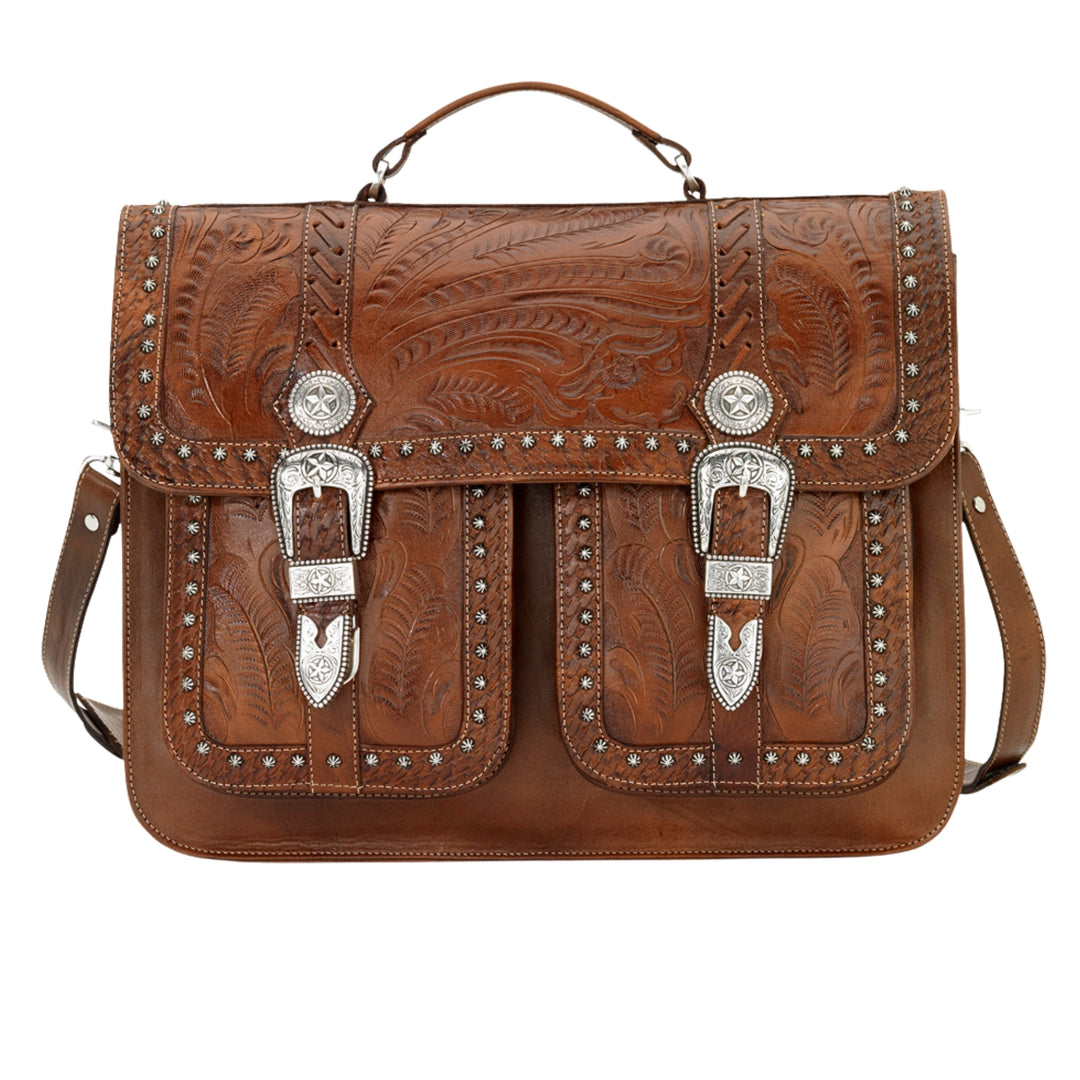 Classic Travel multi compartment laptop briefcase in medium brown with hand tooled leather and buckle set accents