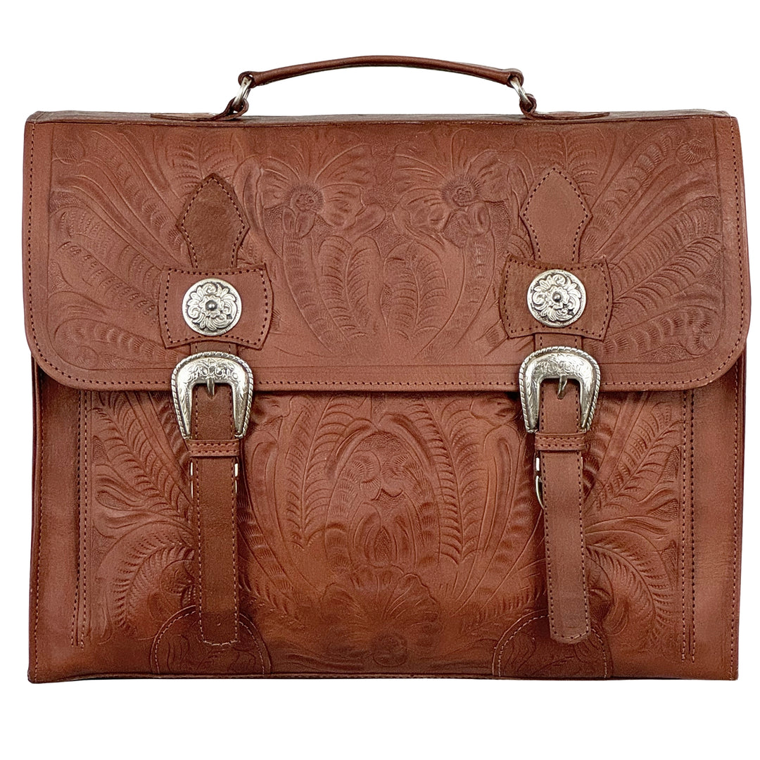 Classic Travel multi-compartment briefcase in medium brown with hand tooled leather and buckle set accents