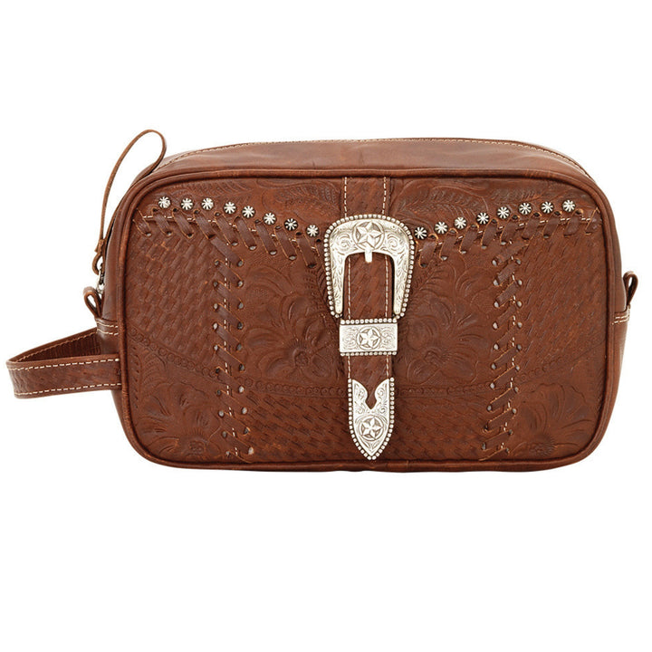 Classic Travel dopp/shaving kit in medium brown with hand tooled leather and buckle set accents